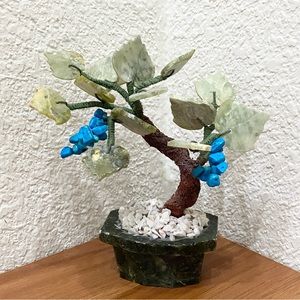 Vintage Carved Semi-Precious Stone Faux Turquoise Buds Bonsai Miniature Tree